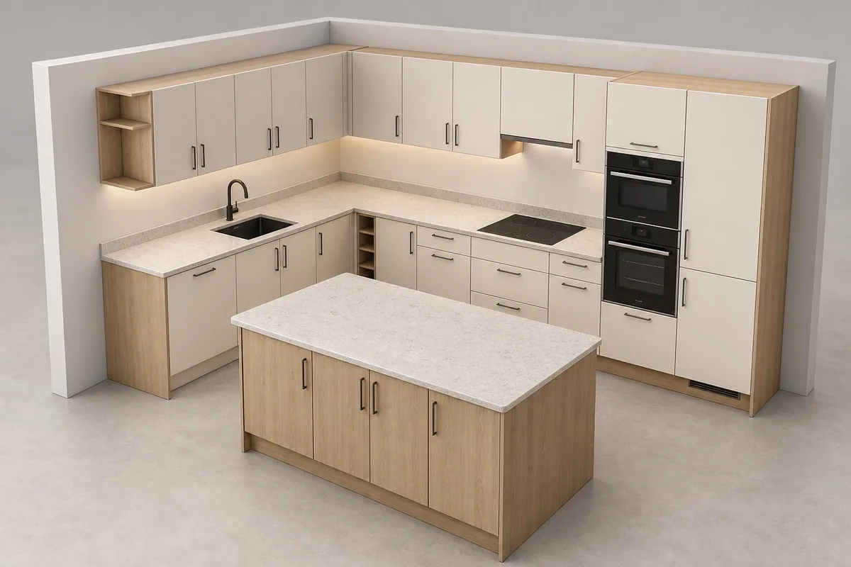 L-förmige Küche aus hellem Holz und Weiß mit einer Insel in einer 3D-Produktansicht