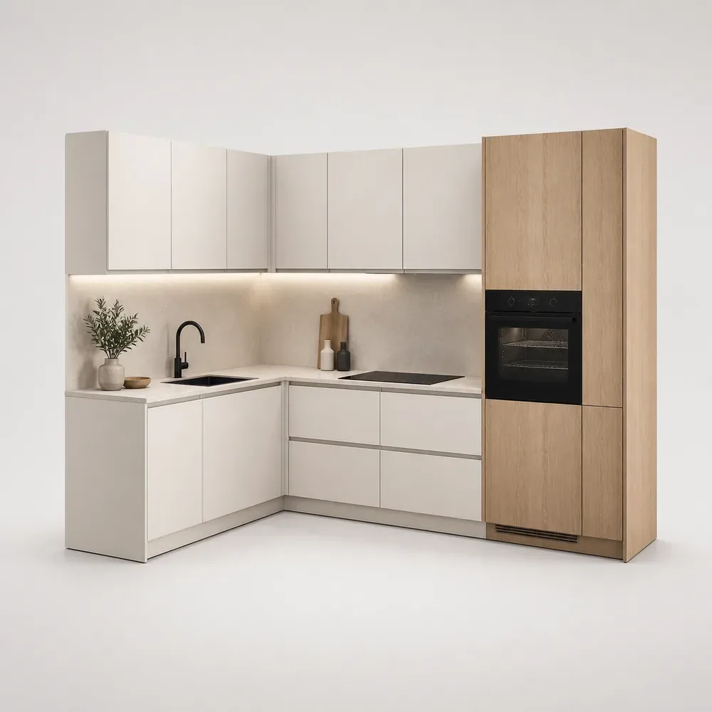 Produktansicht der modularen Küche mit Schränken und Arbeitsflächen