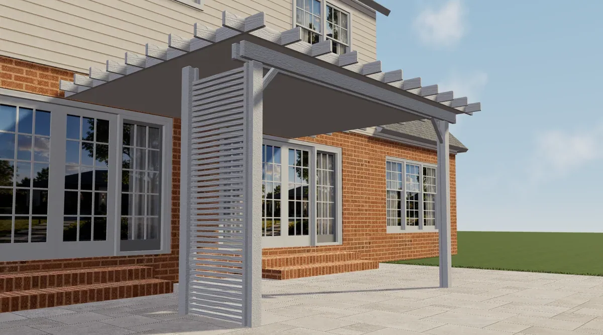 Weiße Elite-Aluminium-Pergola mit Lamellenseite neben einem Backsteinhaus