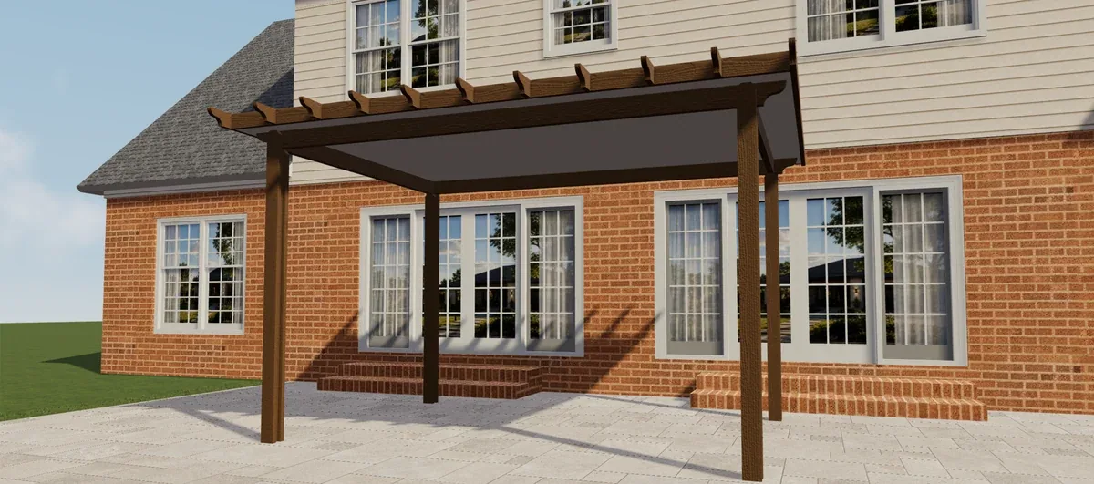 Brown Elite Aluminium-Pergola, dargestellt von vorne neben einem Haus