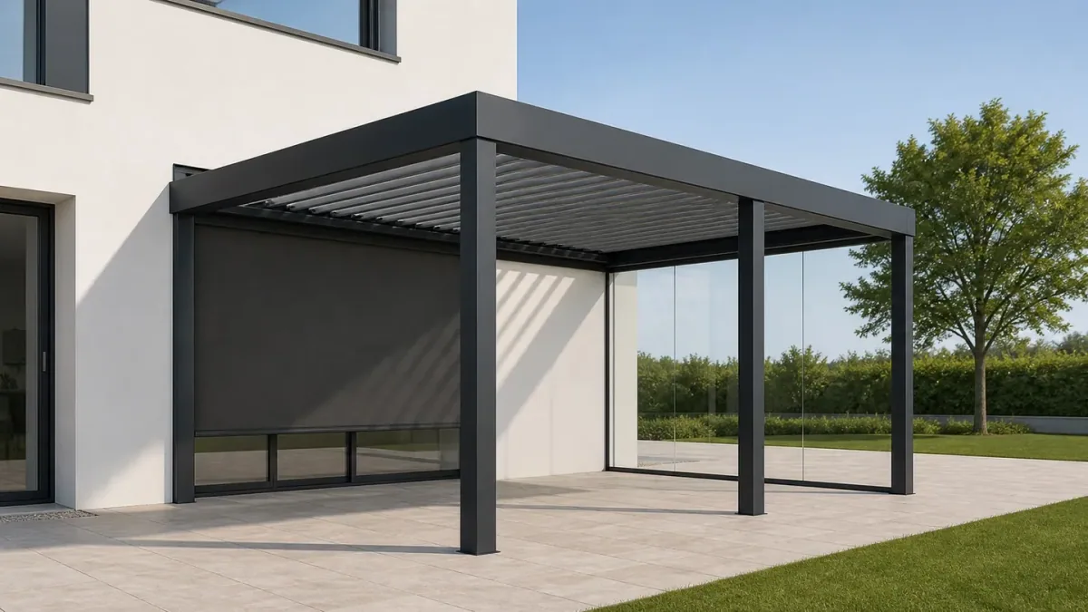 Anthrazitfarbene Pergola mit Glasscheiben und Seitenwand neben einem modernen Haus