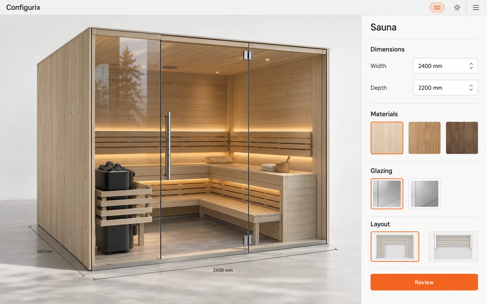 Illustration eines Sauna-Konfigurators mit Holzkabine, Glasfront, Bankanordnung und Materialauswahl