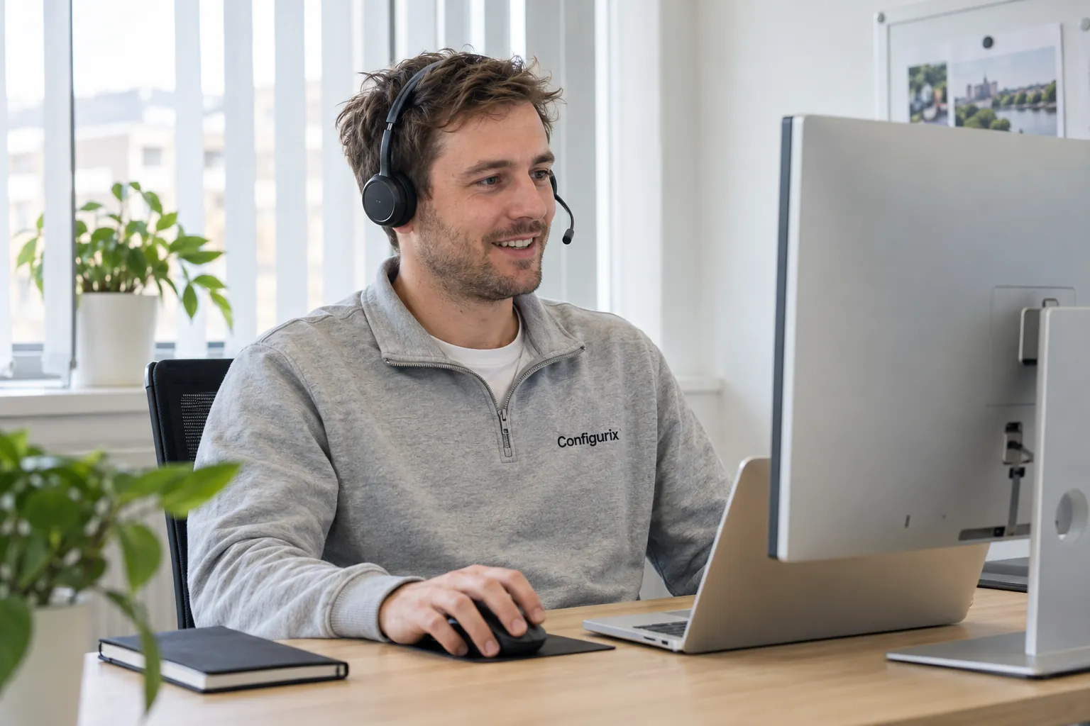 Illustrativer Configurix-Berater bei einer Live-Demo des 3D-Produktkonfigurators in einem hellen Büro