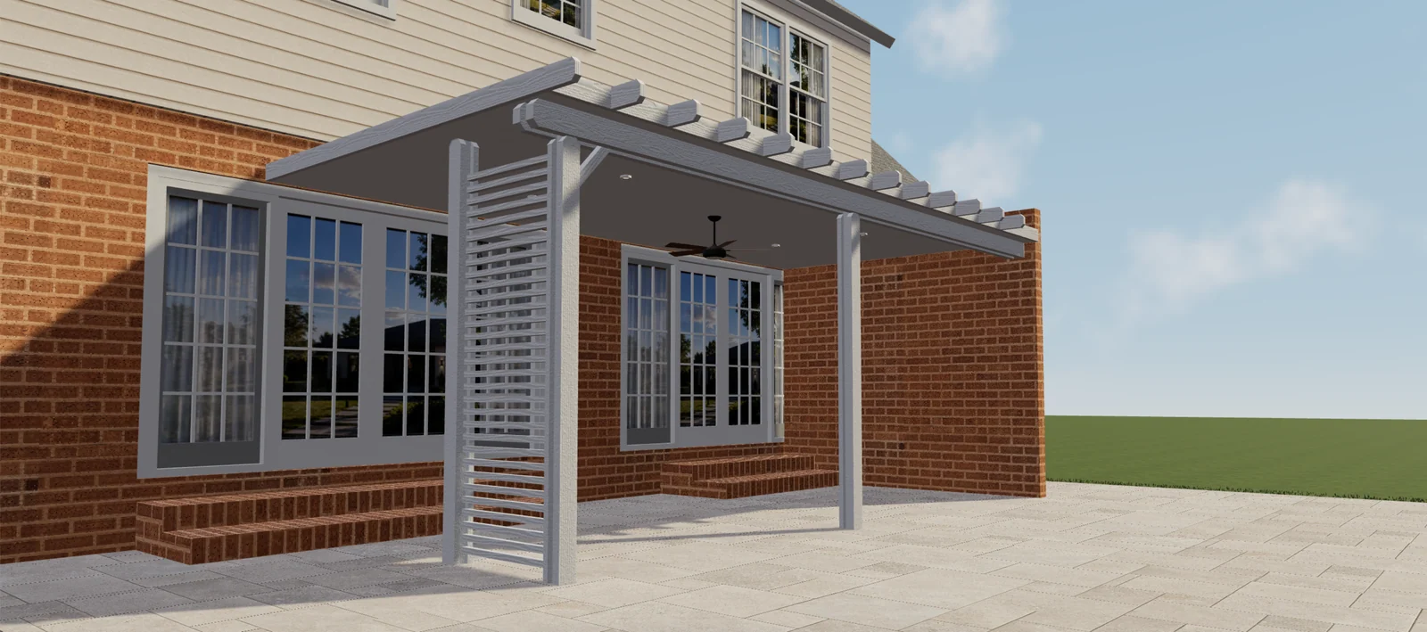 3D-Vorschau einer weißen Pergola mit geschlossenem Dach, seitlicher Lamellenwand, Deckenventilator und Einbauleuchten.