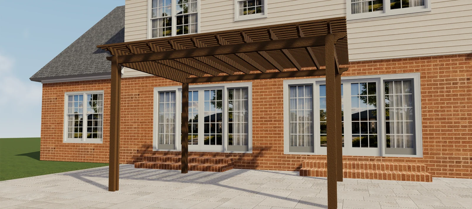 Frontansicht einer braunen Pergola in Holzoptik mit offenem Lamellendach in einer 3D-Terrassenszene.