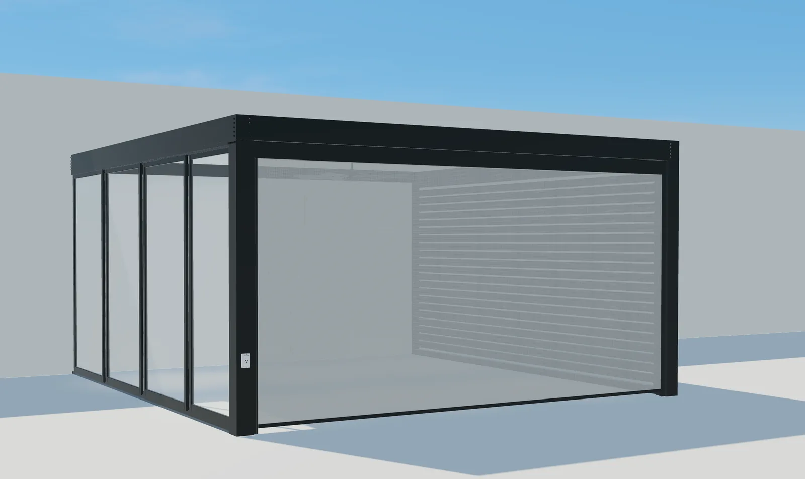 3D-Ansicht einer Pergola Plus mit seitlicher Verglasung und vollständig abgesenktem Frontscreen.