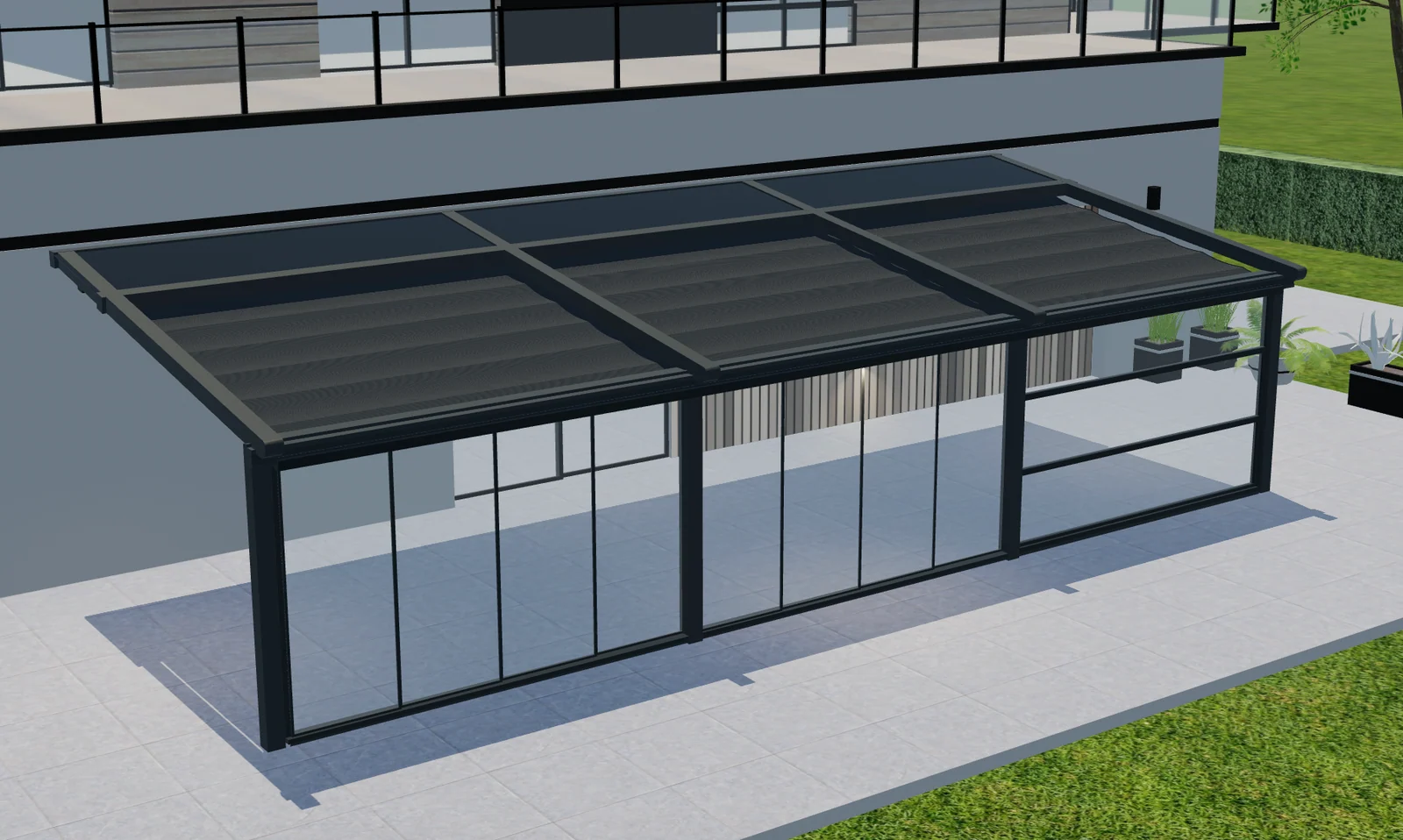 Erhöhte Configurix-3D-Ansicht einer Tenteks-Italia-Pergola mit mehreren Dachabschnitten und verglaster Front