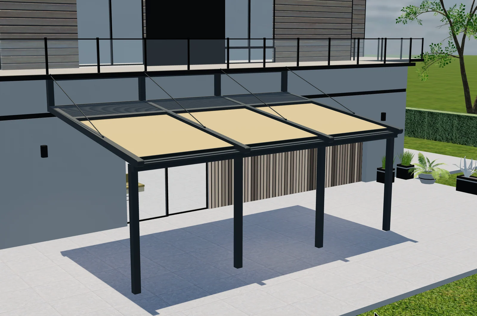 Erhöhte 3D-Ansicht einer wandmontierten Pergola mit cremefarbenem Stoffdach, dunklem Rahmen und vorderen Pfosten.