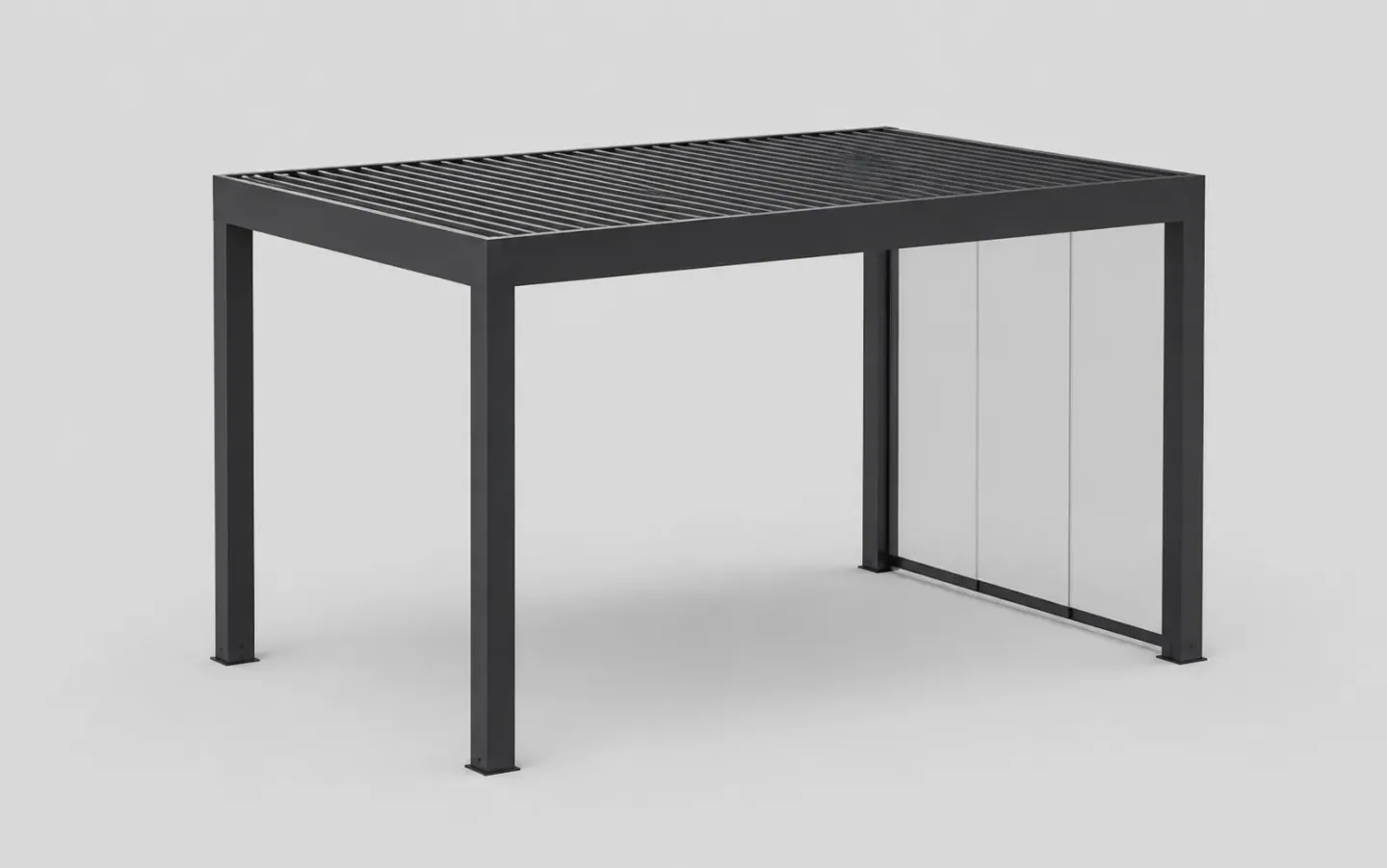 Illustrative anthrazitfarbene Pergola mit Lamellendach und verglaster Seite in einer 3D-Produktansicht.